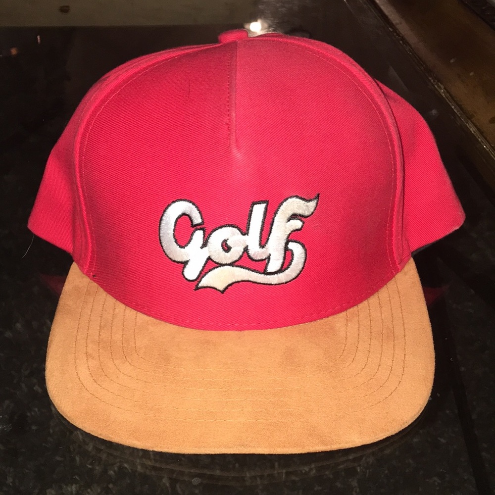 GOLF WANG hat red tan bill cursive